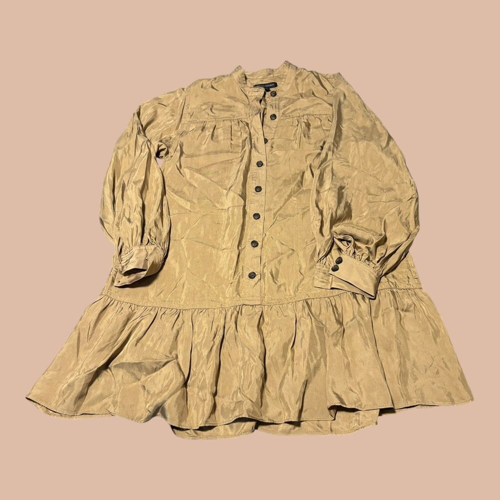 Banana Republic Dress Womens XS Oversized Tan Button Up Ruffle Hem